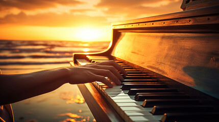 pianist performing on a grand piano on a beach at sunset generative ai