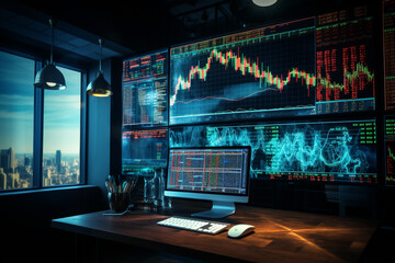 Plakat multiple screen graphic markets finance, stock and business on city view background, office station ina tower city, night blue palette lights