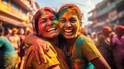 Portrait of unknown Hindu people celebrating Holi at Thamel district in Kathmandu in the afternoon
generativa IA