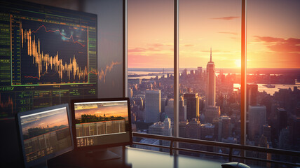 multiple screen graphic markets finance, stock and business on city view background, office station...