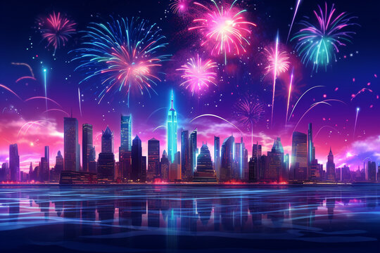  fireworks and pyrotechnics for end-of-year /new year, celebrations in the city streets background, , skyline aerial view buildings, neon blue vaporwave colors mood
