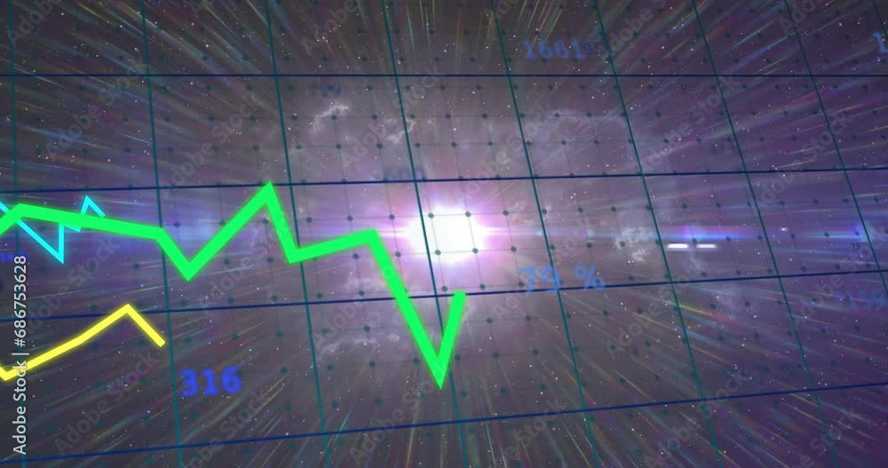 Poster animation of graphs, changing numbers and grid pattern over lens flares against black background