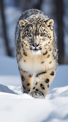 a white leopard walking in snow