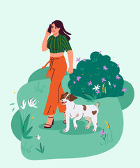Woman with happy dog. Young girl walk with pet at leash. Owner and domesitc animal outdoor. Leisure and rest at nature. Cartoon flat vector illustration isolated on green background
