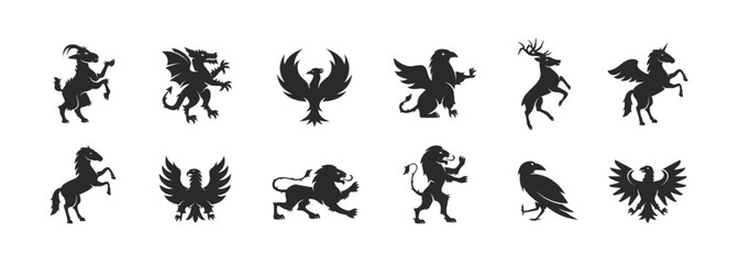 Heraldic animals set. Animals elements  for Coat of Arms design. Heraldic symbols. Dragon, Goat, Phoenix, Lion, Eagle, Raven, Griffin, Horse silhouettes. Vector illustration.  - obrazy, fototapety, plakaty