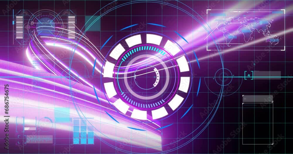 Poster animation of graph, map, loading circles in arc reactor over dynamic waves against black background