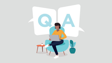 Vektor-Illustration von jemandem, der mit seinem Laptop auf einem Sofa sitzt - Konzept Fragen und Antworten