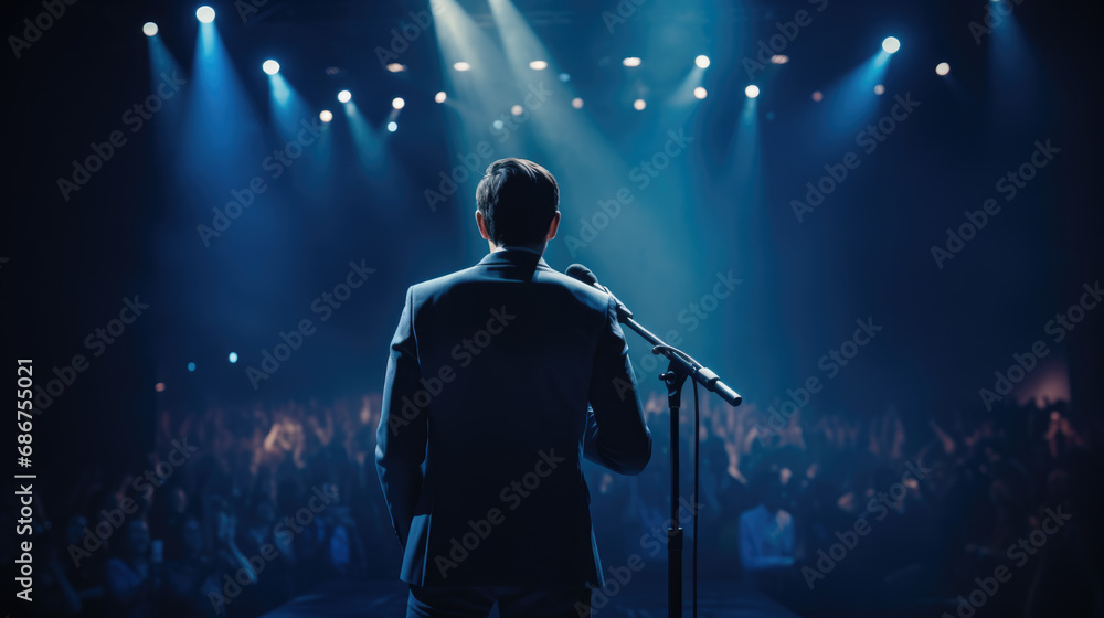 Poster man in a suit speaking into a microphone in front of an audience in a dark auditorium.