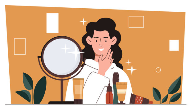 Natural ecological cosmetic concept. Woman with cosmetics products near mirror. SPA and beauty procedures. Skin care and face mask. Creams and lotions, moisturizer. Cartoon flat vector illustration