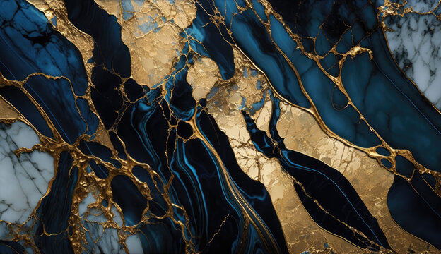 Blue Gold Marble Background. Dark Blue Marbled Backdrop with Golden viens. Fluid Blue Golden Marble texture. Abstract Luxury modern backdrop for banner, greeting card, invitation