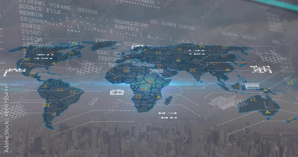 Poster animation of computer language and map over modern cityscape against cloudy sky