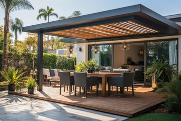 Blend of indoor and outdoor living with modern home, where large sliding glass doors open up to a lush patio, creating an expansive and inviting living space