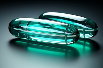 Two transparent green capsules or pills close-up