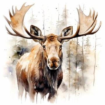 Watercolor Canadian moose single white background. AI generate illustration