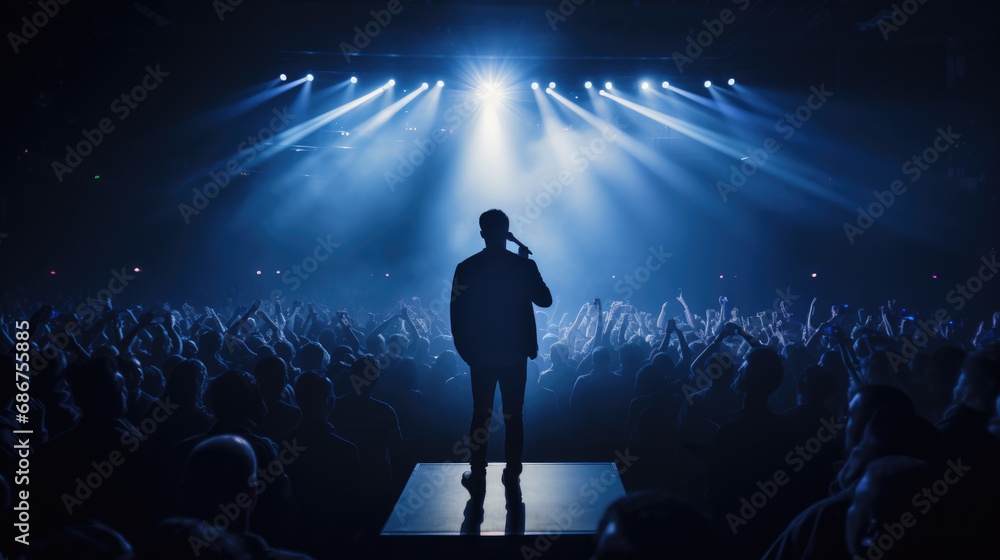 Poster man in a suit speaking into a microphone in front of an audience in a dark auditorium.