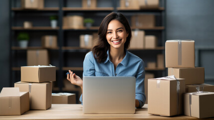 Smiling woman in a warehouse or storage room filled with boxes, working on a laptop - obrazy, fototapety, plakaty