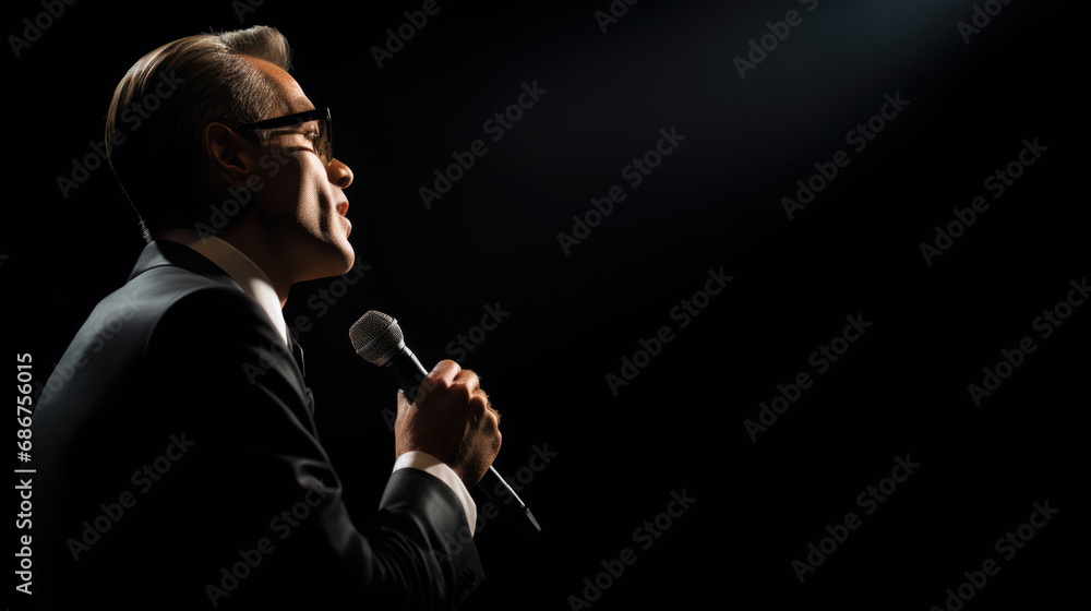 Poster man in a suit speaking into a microphone in front of an audience in a dark auditorium.
