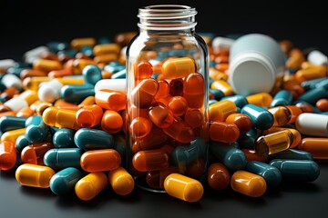 several pills falling from a pill bottle, dark aquamarine and white style