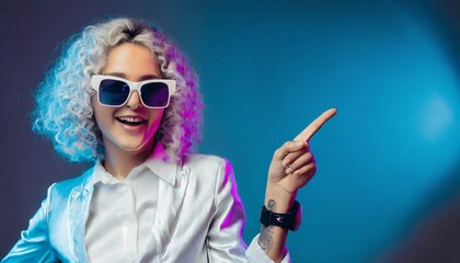 Amazed and surprised girl in sunglasses pointing fingers up.	
