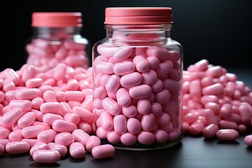 Pink tablets, capsules or pills, in beautiful pink jars