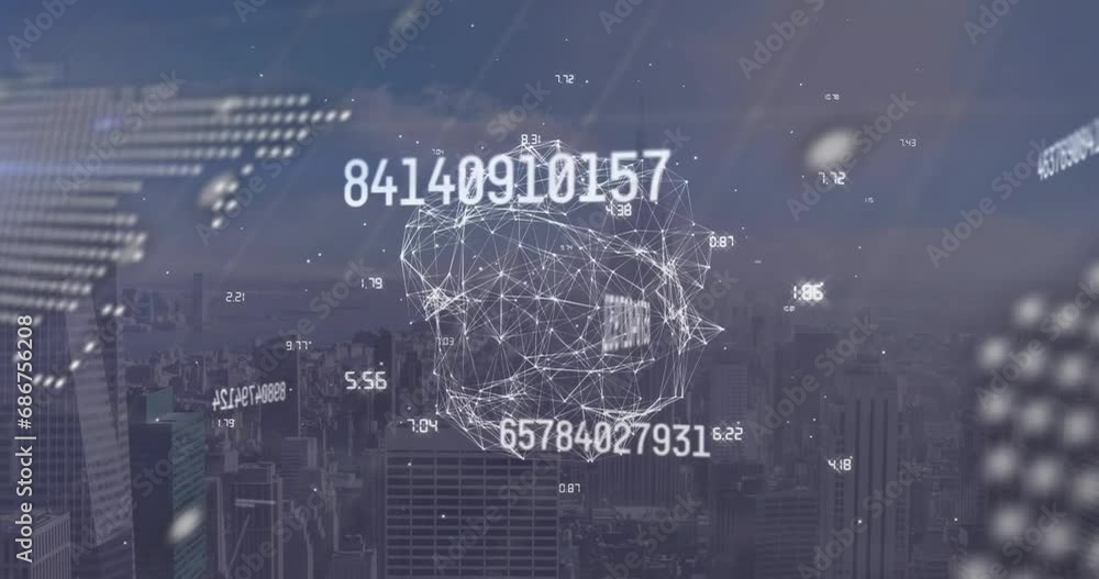 Poster animation of computer language, map, globe and computer language over modern cityscape