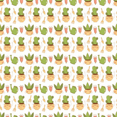 Seamless pattern with cute cacti characters on a white background. Flat color vector illustration.