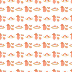 Seamless pattern with vintage kettle on a white background. Flat color vector illustration.