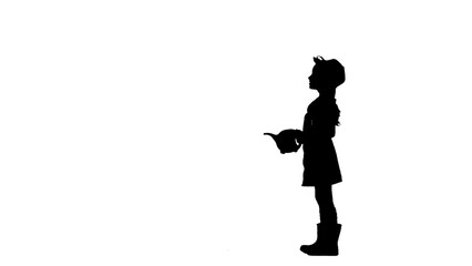 Portrait of farmer isolated on white background with alpha channel. Silhouette of little girl gardener in hat standing and holding watering can.
