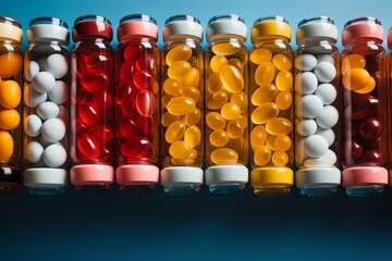 various capsules with medicines on a blue background in containers