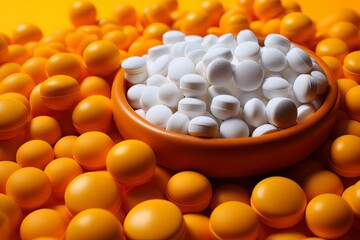 white medicines and orange capsules