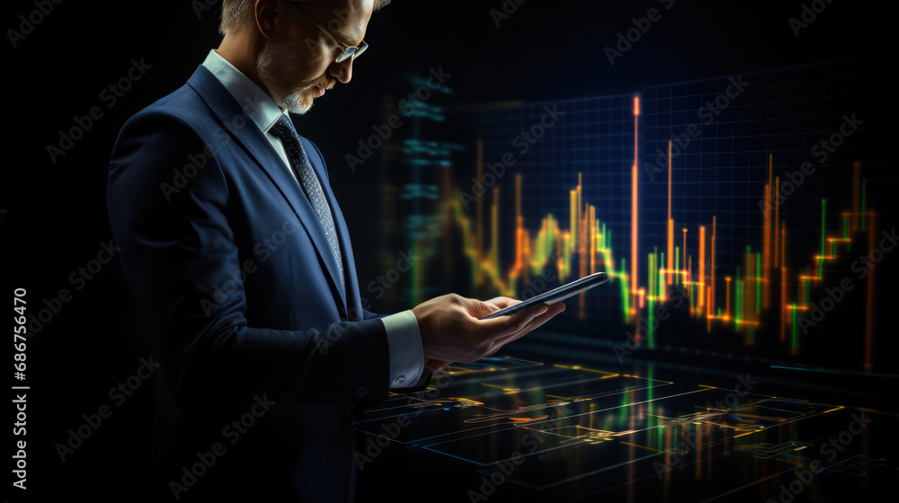 Poster businessman or trader holding tablet with graphs and charts against black background