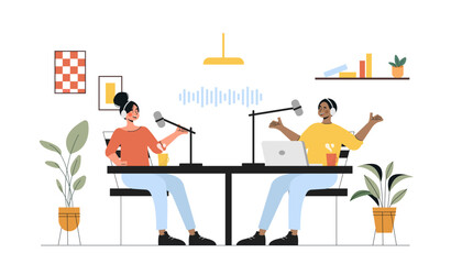 Podcast in studio concept. Man and woman with microphone creating interesting content. Hosts record audio files. Broadcast and radio. Cartoon flat vector illustration isolated on white background
