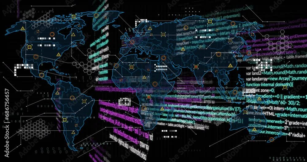 Poster animation of multicolored computer language, geometric shapes on map over black background