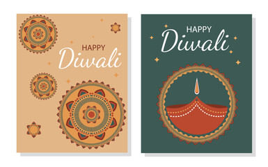 Poster indian festival happy diwali set. Booklets and leaflets. Traditional holiday and festival. Candles and flowers patterns. Cartoon flat vector collection isolated on white background