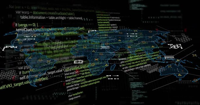 Animation of computer language, binary codes and map over black background