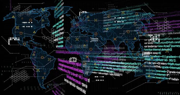 Animation of multicolored computer language, geometric shapes on map over black background