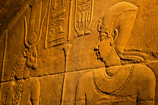 Close-up of bas-relief of hieroglyphs and mythology on the walls inside the Temple of Isis at Philae Island on the Nile River with golden light; Aswan, Egypt