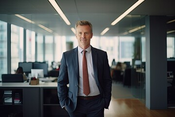 Middle-aged executive with a confident smile standing in a modern office