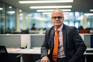 executive and portrait of a businessman in an office, mature ceo workint with pride and confidence, in workplace background