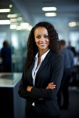 portrait of a businesswoman with her hands crossed, confident smile and formal wear, on an office background