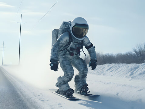 Astronaut riding a skateboard on the road in christmas. 3D rendering