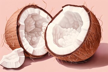 Open Coconut in Soft Pastel Pattern, Illustration, Seamless, Tropical, Exotic