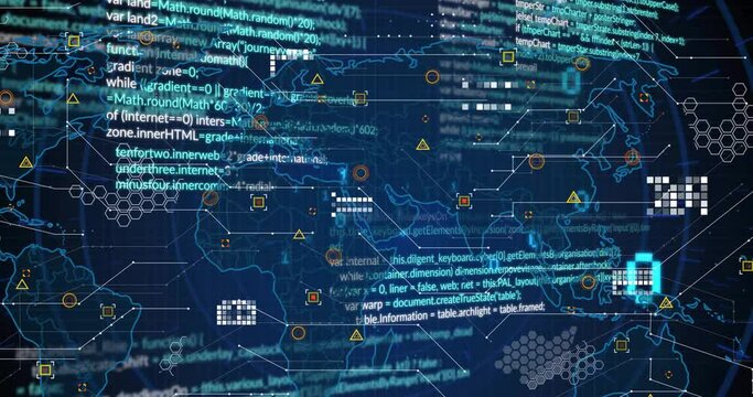 Animation of binary codes, computer language and geometric shapes on map over blue background