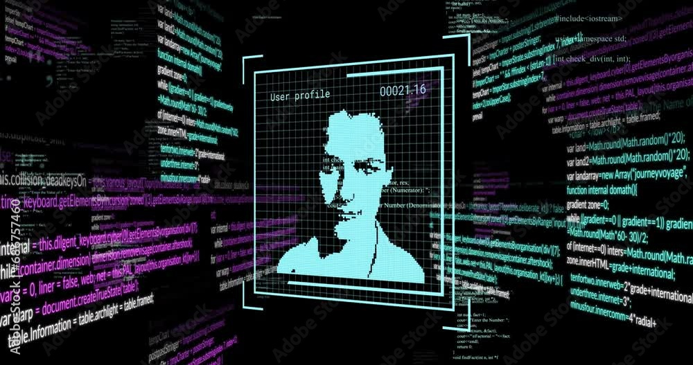 Poster animation of digital profile pictures and computer language over black background