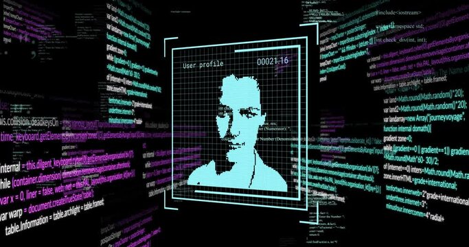 Animation of digital profile pictures and computer language over black background