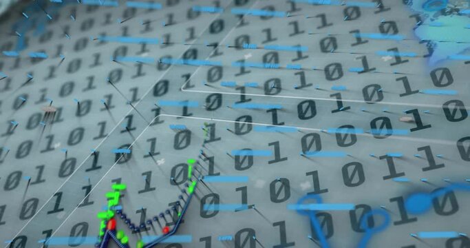 Animation of graphs, globe and binary codes against white background