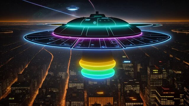 Mysterious UFO with radiant lights hovering over city under night sky. Futuristic alien spaceship close up. Concept of exploring extraterrestrial themes, science fiction and unknown. Motion