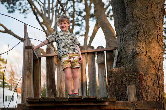 Young boy plays in his treehouse; Lincoln, Nebraska, United States of America