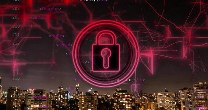 Animation of padlock in circles, computer language over illuminated cityscape against night sky