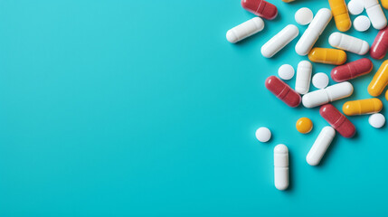Colorful medicine pills antibiotic pills on turquoise background. Space to write